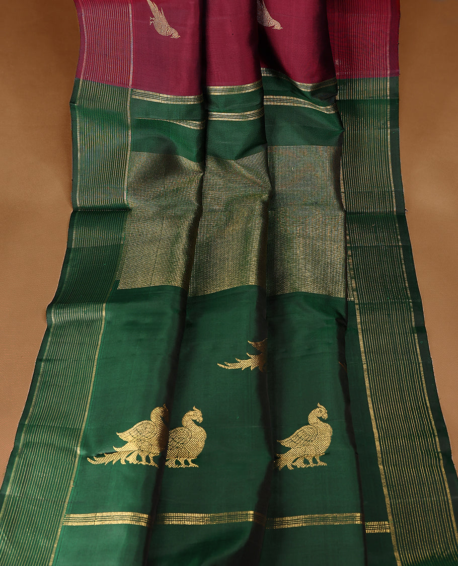 Maroon Colour Pure Kancheepuram Traditional Silk Saree having Parrot Work in Body with Border and Blouse