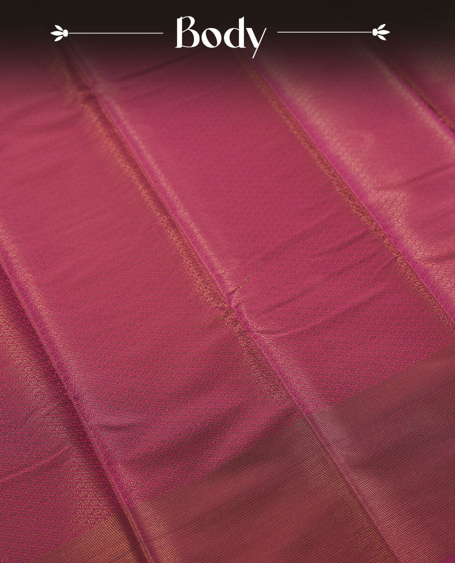 Plum colour semi silk saree featuring neem zari Brocade Pattern all over the body, complemented by a Self Colour woven border with detailing with contrast green Colour Pallu & blouse.