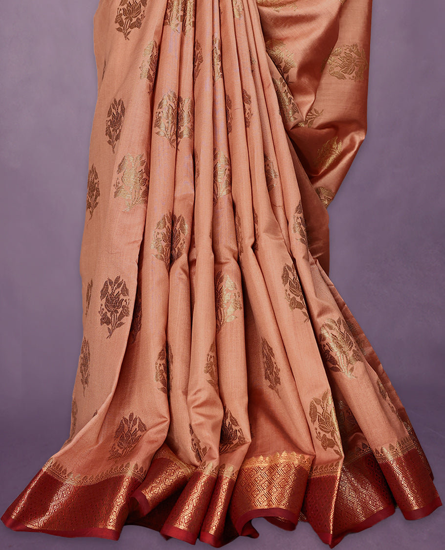 Peach Colour Pure Banaras Soft Silk Saree adorned with traditional antique zari motifs, paired with a hand dyed Maroon antique style border and a matching blouse.