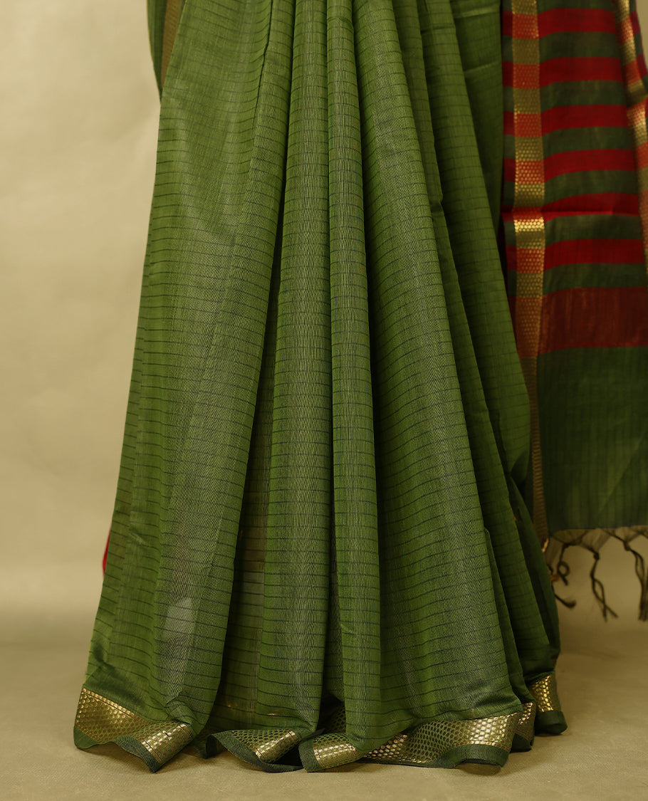 Grass Green colour chanderi cotton saree with fine striped body, mangalgiri border, grand pallu featuring Red and gold zari stripes, with matching blouse.