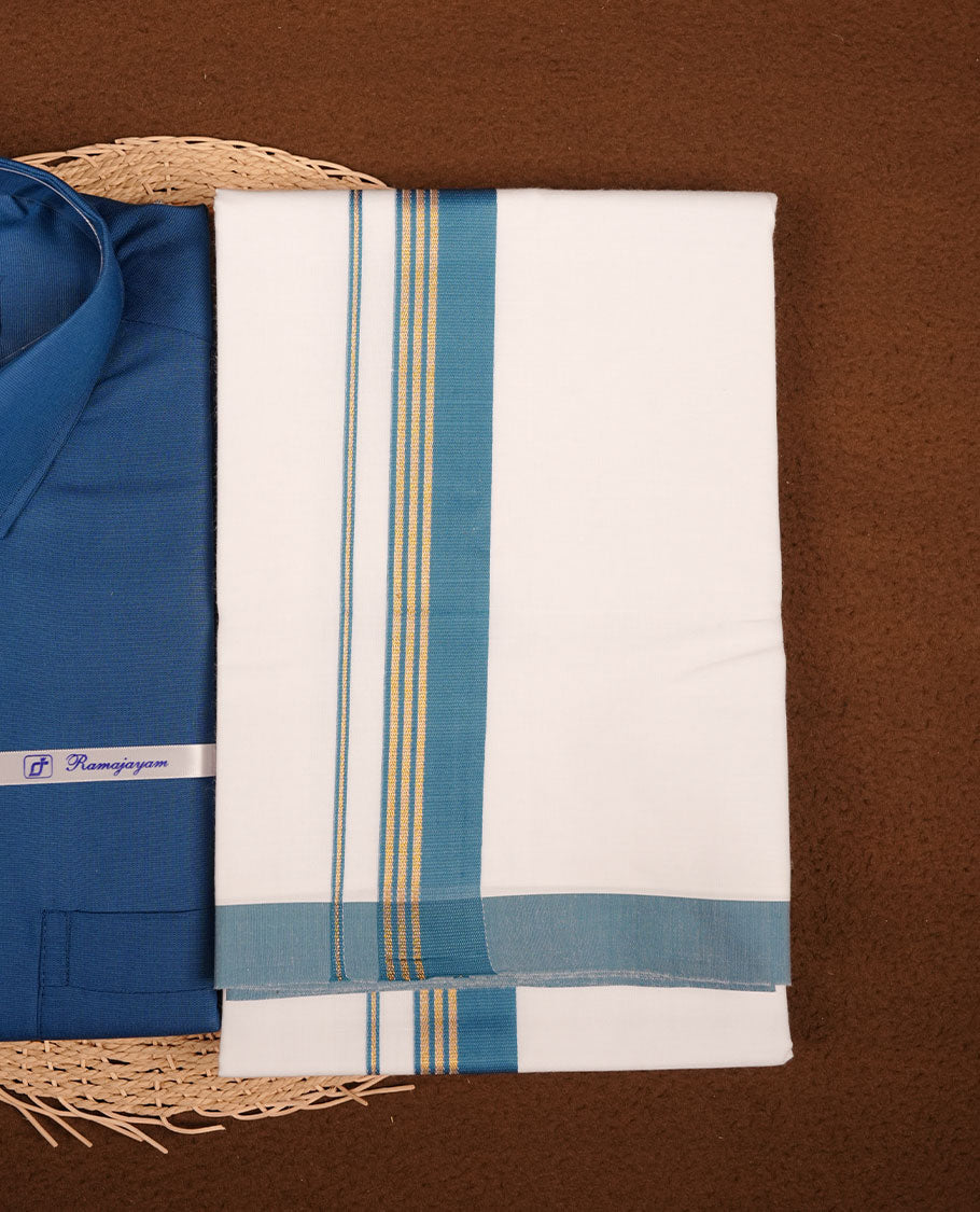 Dark Blue Colour shirt paired with a matching dhoti, finished with a blue and gold border.