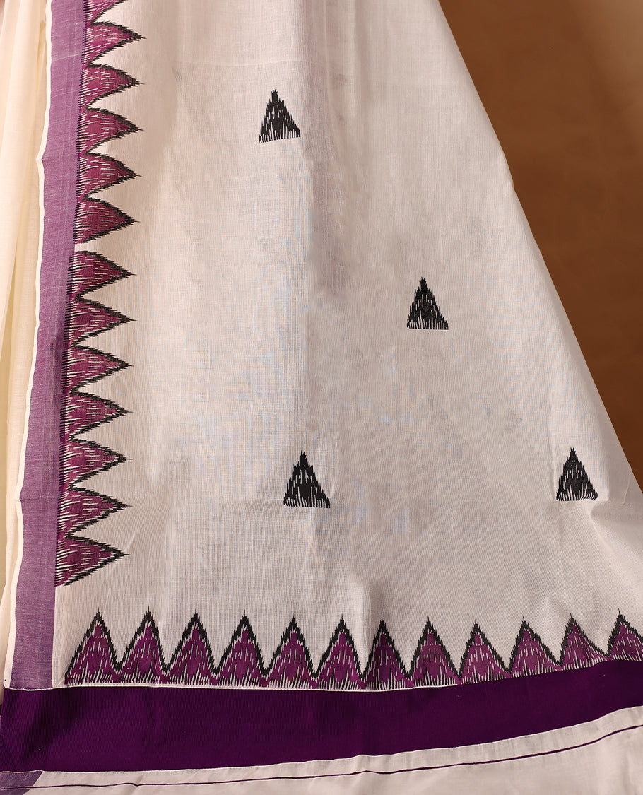 Elegant off white colour cotton Kerala saree featuring Plain body, Purple colour border with Purple colour temple designs, Paired with matching blouse offering a classic and graceful look
