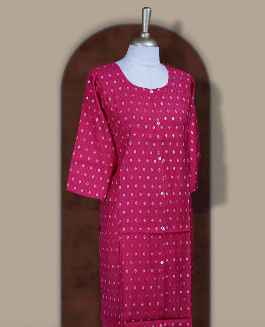 Rani pink colour kurti from TWARA, adorned with all over golden foil prints in geometric motifs, finished with a round neckline and elbow length sleeves for a graceful ethnic look.