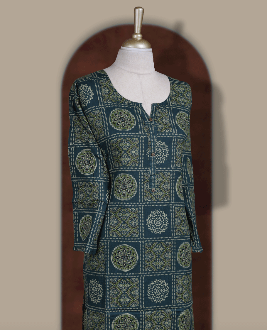 Dark green colour kurti featuring intricate olive, black & light green colour geometric and mandala block prints & Styled with a round neckline, front button placket, and 3/4 sleeves.