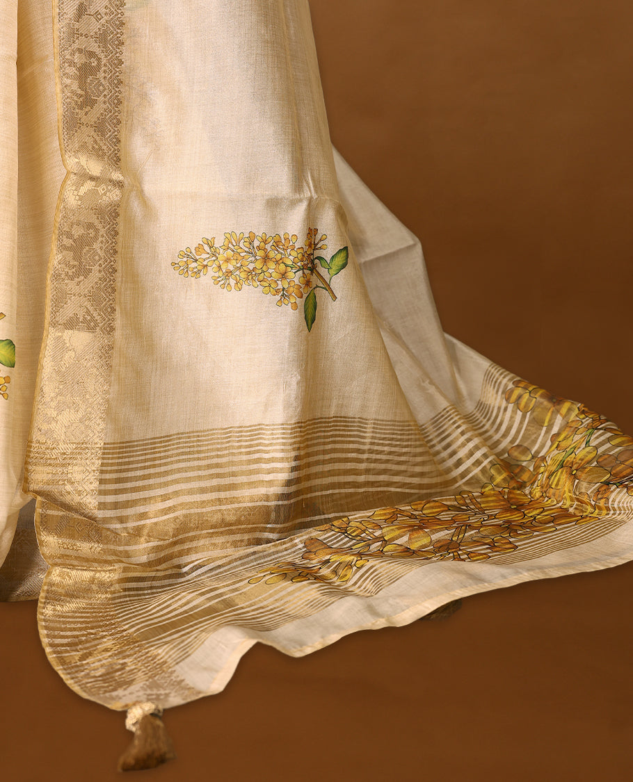 Ivory tussar Kerala saree adorned with intricate floral Digital Prints, complemented by a rich zari border ,detailed pallu and a matching Blouse