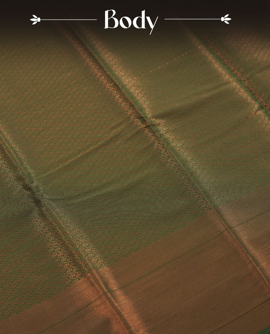 Dark Green colour semi silk saree featuring neem zari Brocade Pattern all over the body, complemented by a Self Colour woven border with detailing with contrast maroon Colour Pallu & blouse.