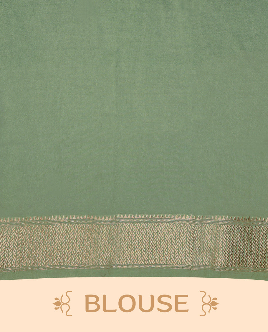 Soft sage green colour Viscos semi printed saree featuring a golden zari border, white floral printed motifs on the body, and comes with a matching blouse