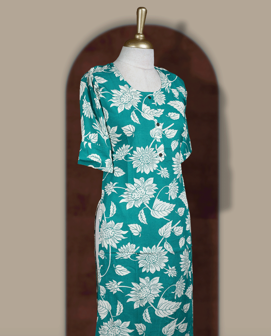 Turquoise blue colour coord set featuring a round neck with short sleeves, adorned with white floral prints