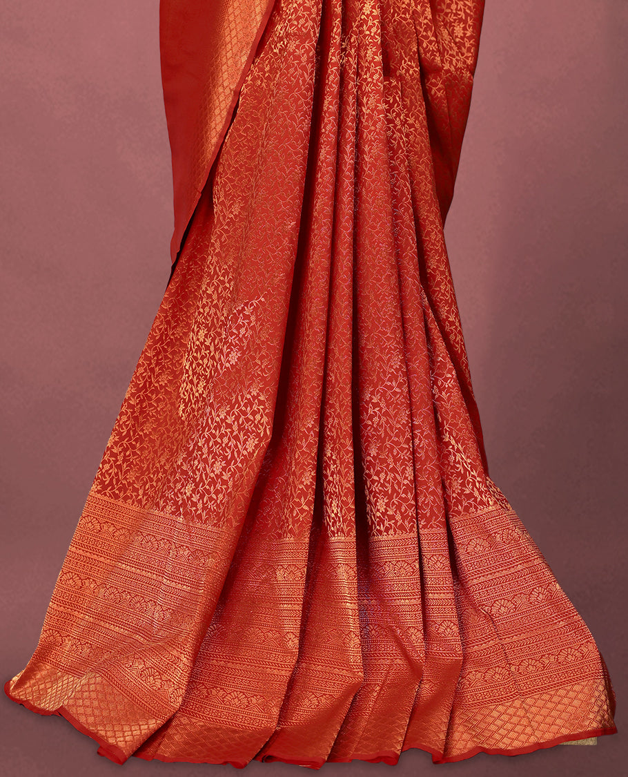 Red Kancheepuram Silk Brocade Saree having Floral Jaal Worked Body with Self Coloured Brocade Border and Blouse