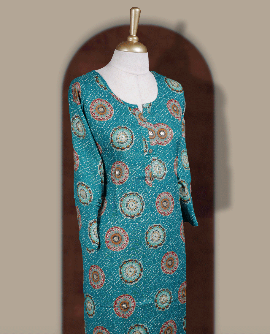 Peacock green colour straight cut kurthi featuring elegant circular ethnic prints, styled with a round V notch neckline and comfortable 3/4th sleeves.