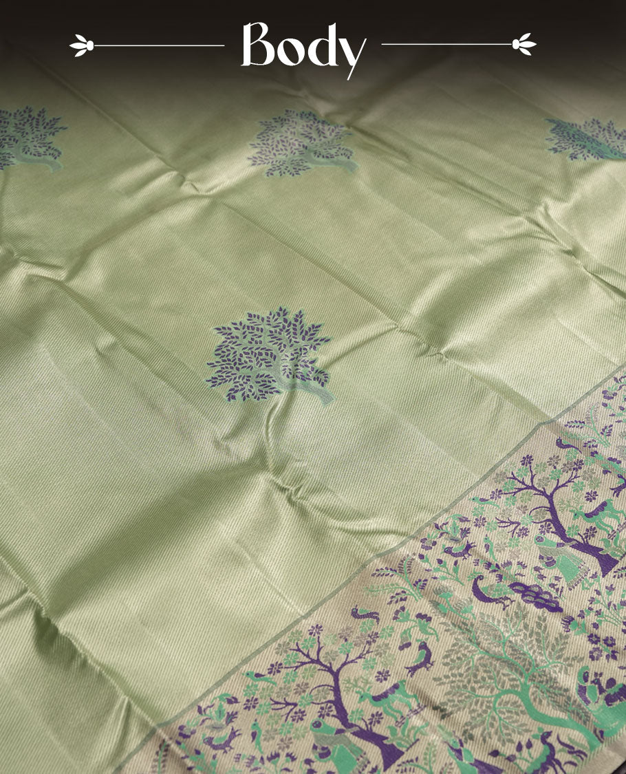 Light Green Tissue Saree, Intricate Butterfly Wing Printed Pallu, Green Forest Motif Border, Geometric Zari Design, with Matching Blouse