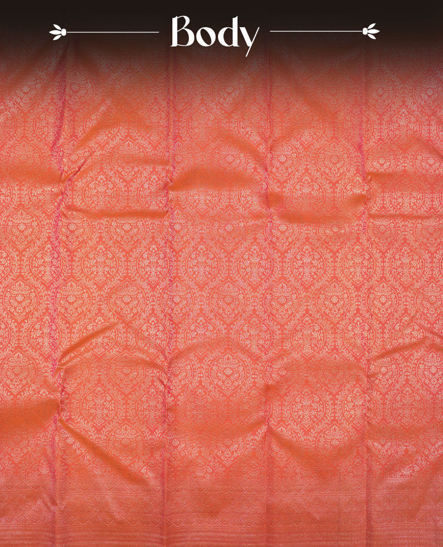 Peach pink colour Kanchipuram pattern Manthrakodi saree featuring diamond and geometric floral zari jacquard weaving design on the body, geometric self zari border and self zari jacquard blouse piece.