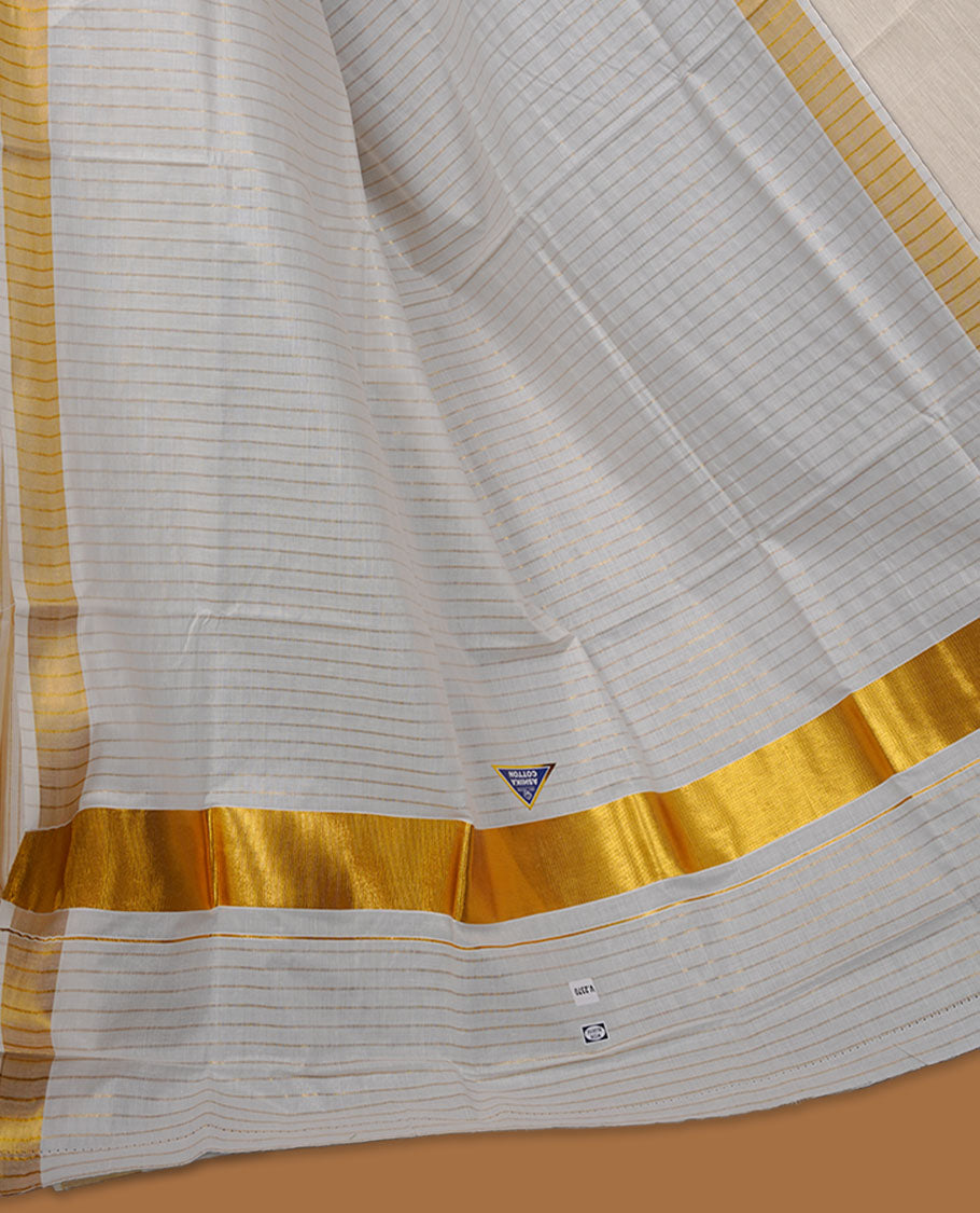 Off-white colour cotton Kerala saree featuring fine golden stripe detailing across the body, highlighted by a rich gold kasavu border along the edges and pallu, and paired with a matching striped blouse.