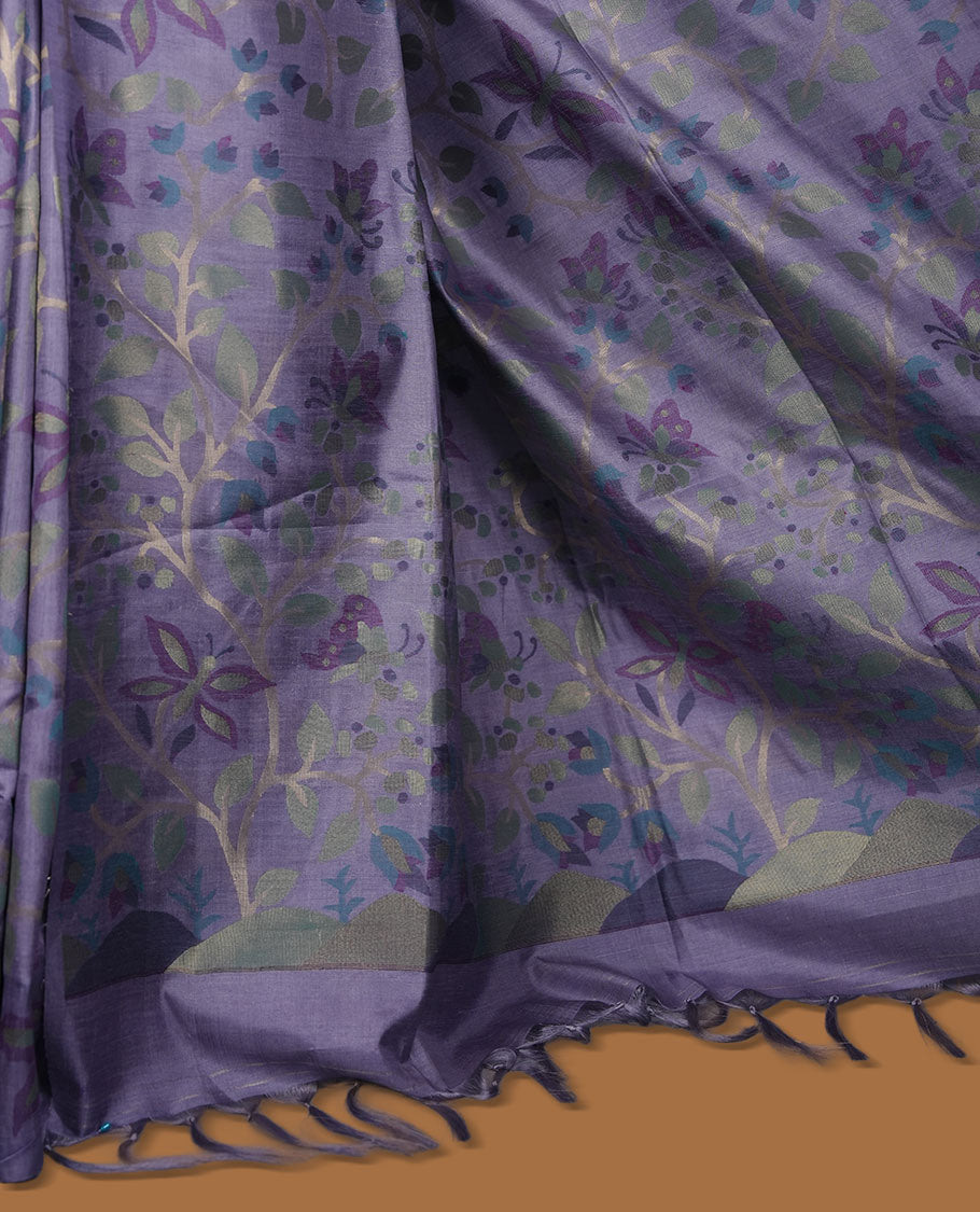 Lavender colour semi jamdani tussar saree featuring woven Floral kodi & butterfly motifs on the body, complemented by a self colour without border pallu, paired with a matching blouse.