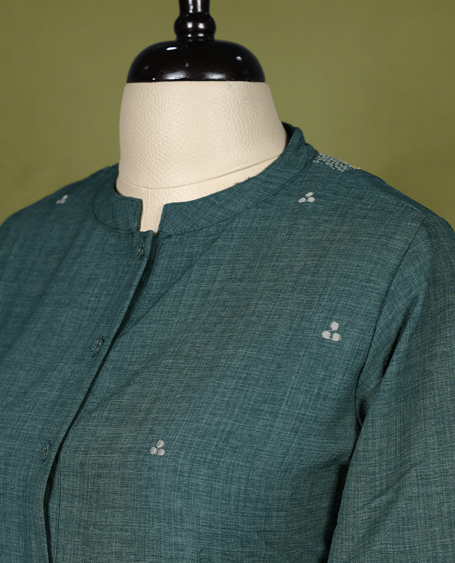 Dull green coloured Readymade kurti with thread buttas for women, featuring 3/4 sleeves.