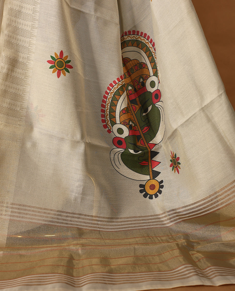 Light gold colour Organza Kerala saree featuring  a sheer, smooth body, light Kasavu border, Kathakali printed pallu, Comes paired with a coordinated matching blouse.