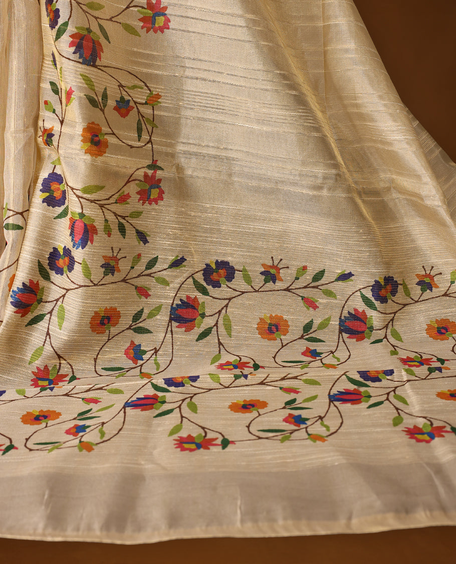 Graceful off white colour organza Kerala saree with vibrant multicolor floral embroidery and a soft golden sheen, Lightweight and elegant, ideal for festive occasions & Comes with a matching blouse piece.