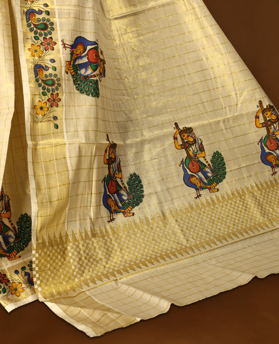 Light Gold colour Tissue Kerala saree featuring Peacock with lady print work on checked body and a beautifully woven Gold Kasavu border, paired with a matching blouse perfect for festive occasions.