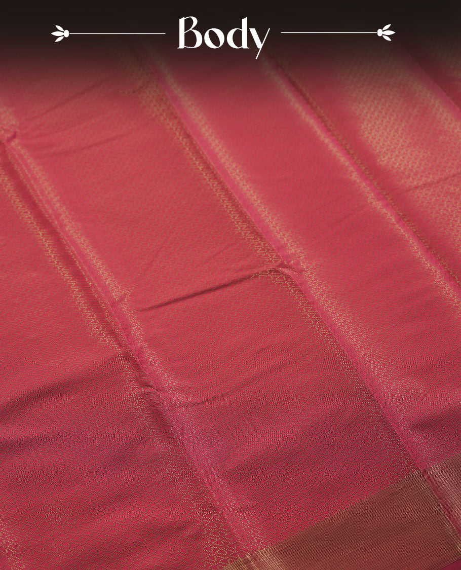 Maroon colour semi silk saree featuring neem zari Brocade Pattern all over the body, complemented by a Self Colour woven border with detailing with contrast green Colour Pallu & blouse.