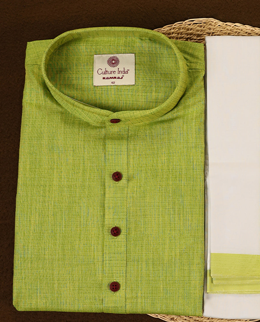 Lime green short kurta and white dhoti set featuring a matching lime green zari border designed for a vibrant and traditional look perfect for festive and cultural celebrations