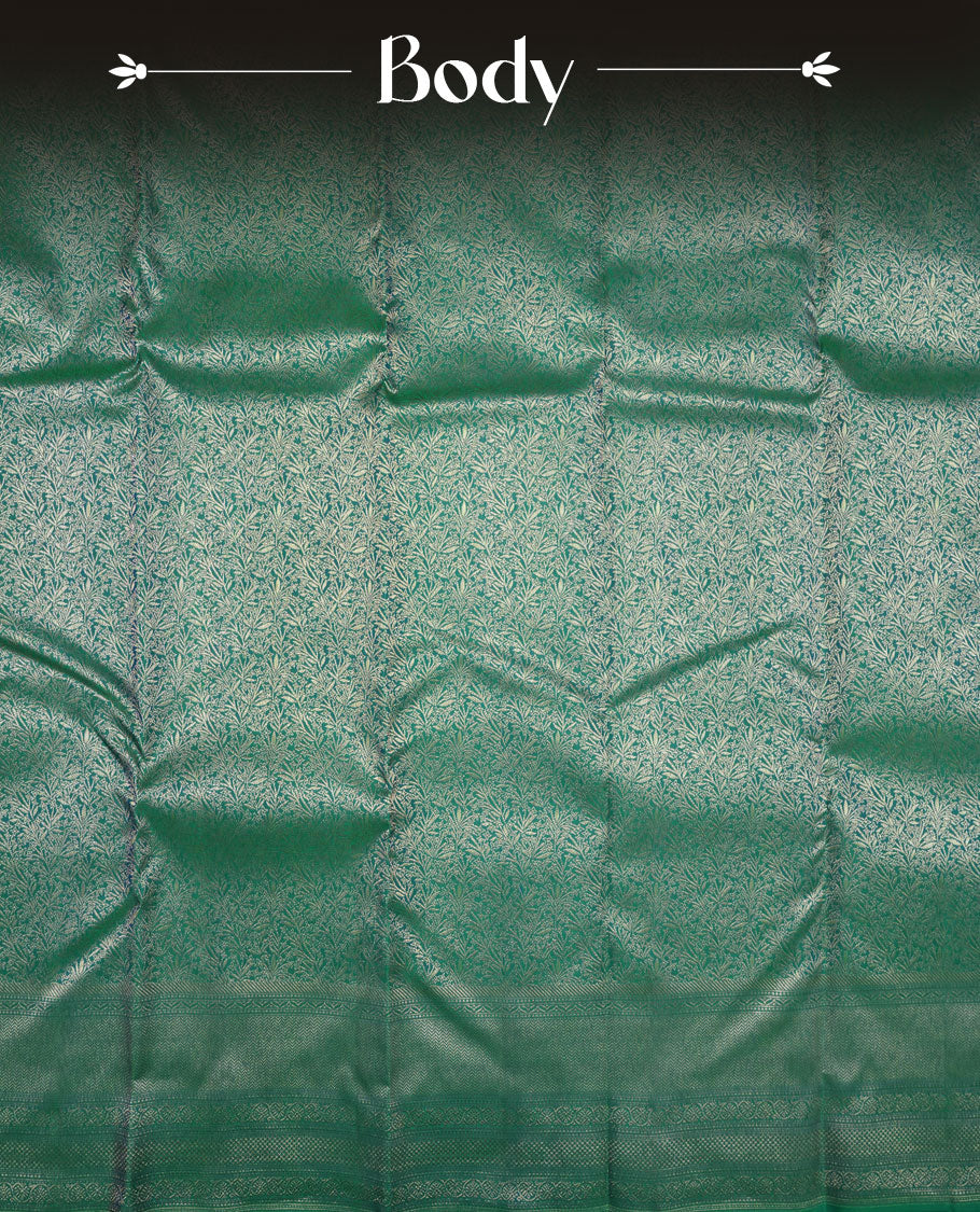 Peacock green colour Kanchipuram pattern Manthrakodi saree featuring floral and leaf motifs zari kodi antique gold jacquard kanchipuram traditional & zari turning border and zari jacquard blouse piece.