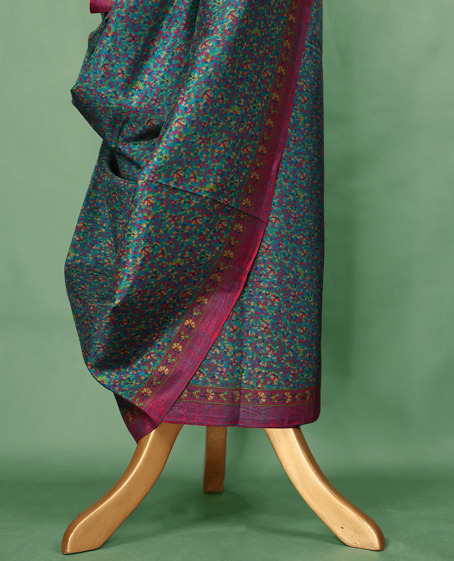 Dark teal colour Manipuri saree with multicolor micro floral patterns, magenta border with yellow detailing, and comes with a matching blouse.