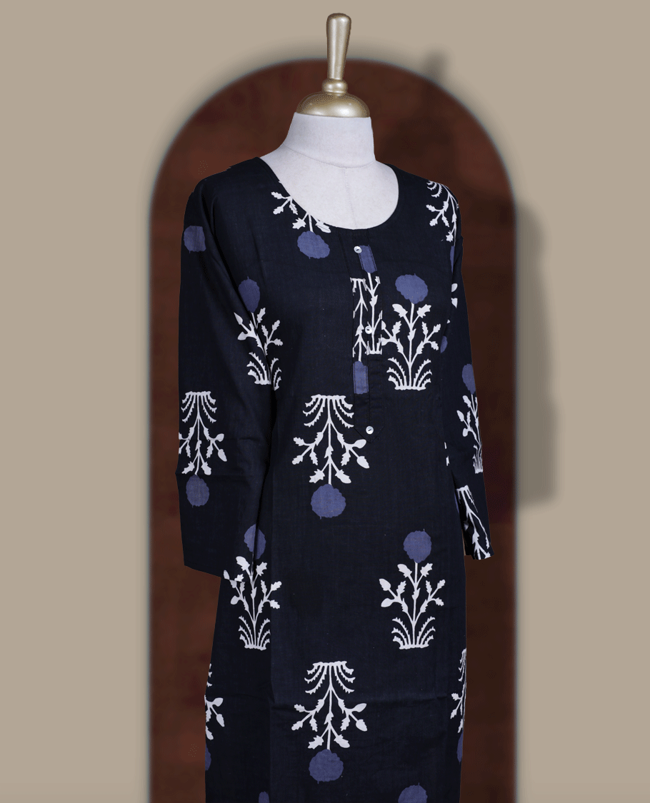 Navy blue colour kurti adorned with white and light blue floral prints, featuring a round neckline with button placket and comfy 3/4th sleeves.