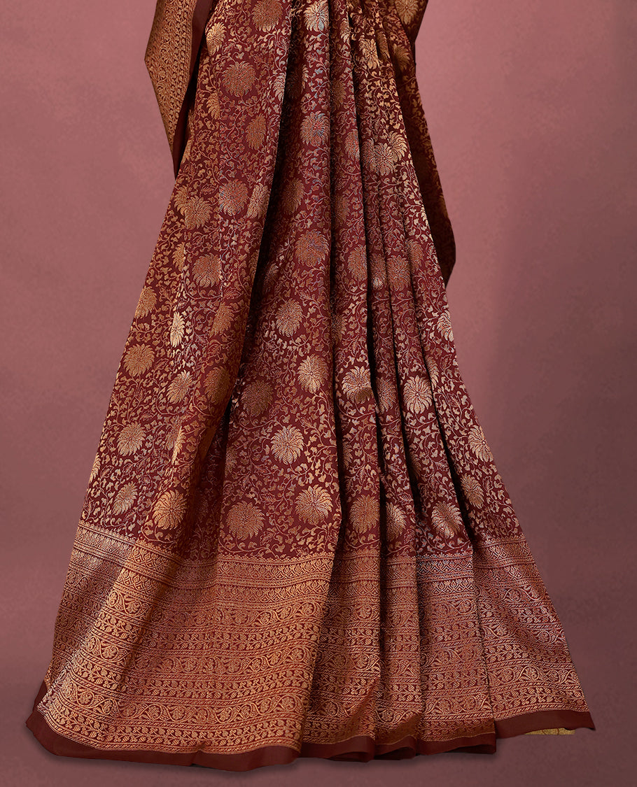 Dark Maroon Kancheepuram Silk Brocade Saree having Floral Jaal Worked Body with Self Coloured Brocade Border and Blouse