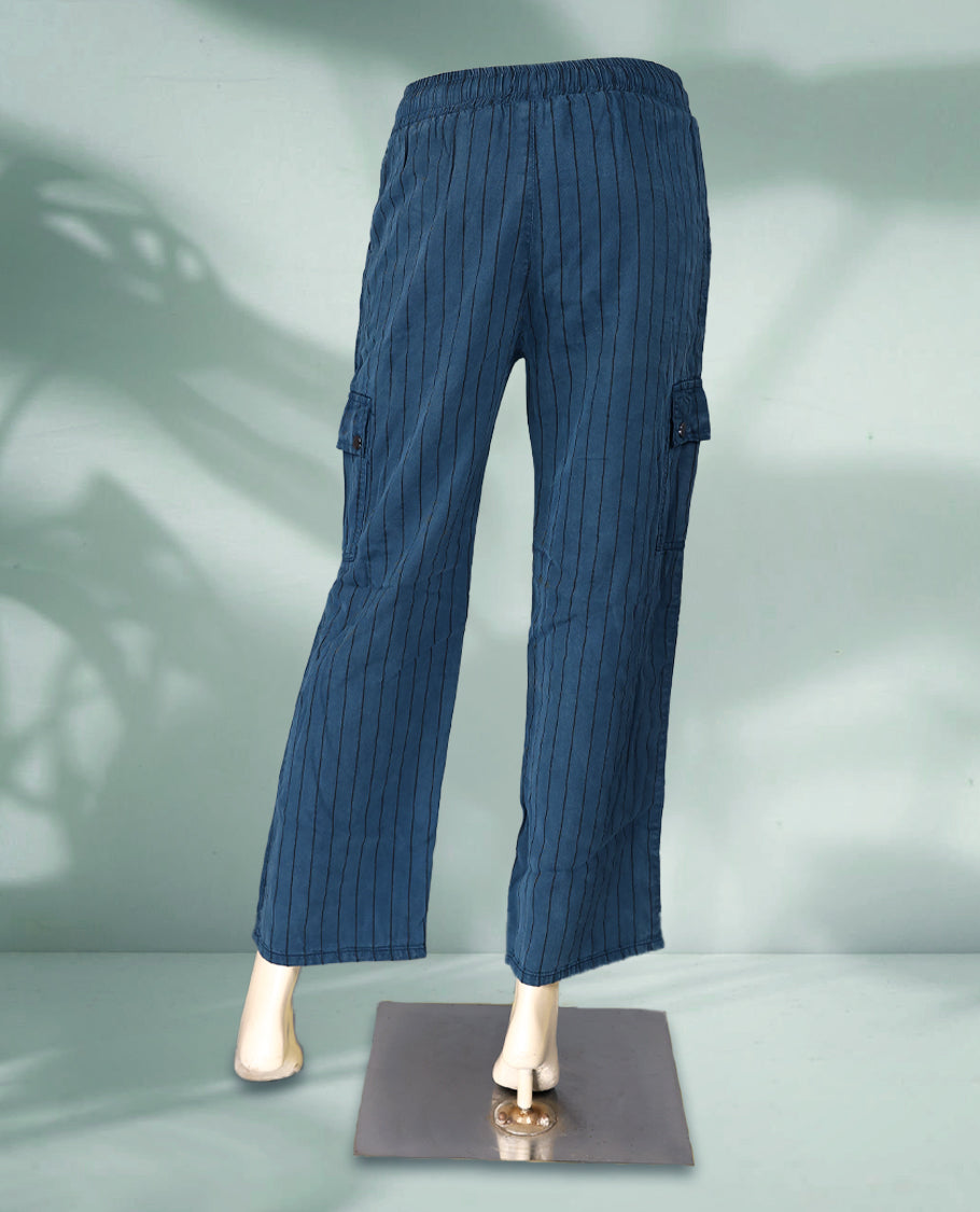Blue colour pinstriped cargo pants featuring a relaxed fit with an elastic waistband and drawstring tie, crafted from soft, breathable fabric