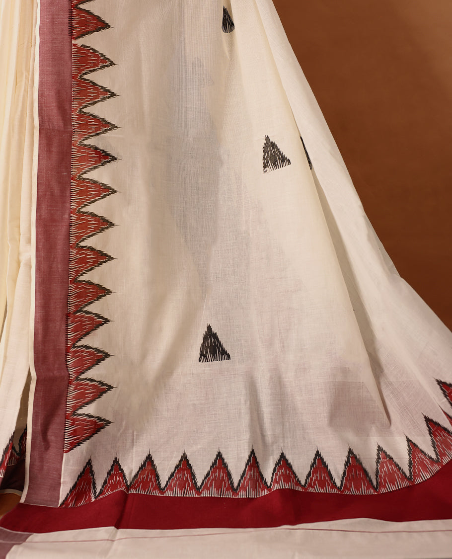 Elegant off white colour cotton Kerala saree featuring Plain body, deep Maroon colour border with temple designs, Paired with matching blouse offering a classic and graceful look, paired with a matching blouse.