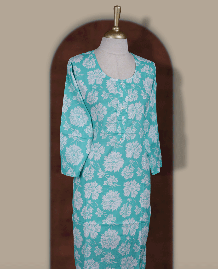 Light aqua colour kurti featuring bold white colour floral prints, a round neckline with front button detailing, and comfortable 3/4th sleeves.