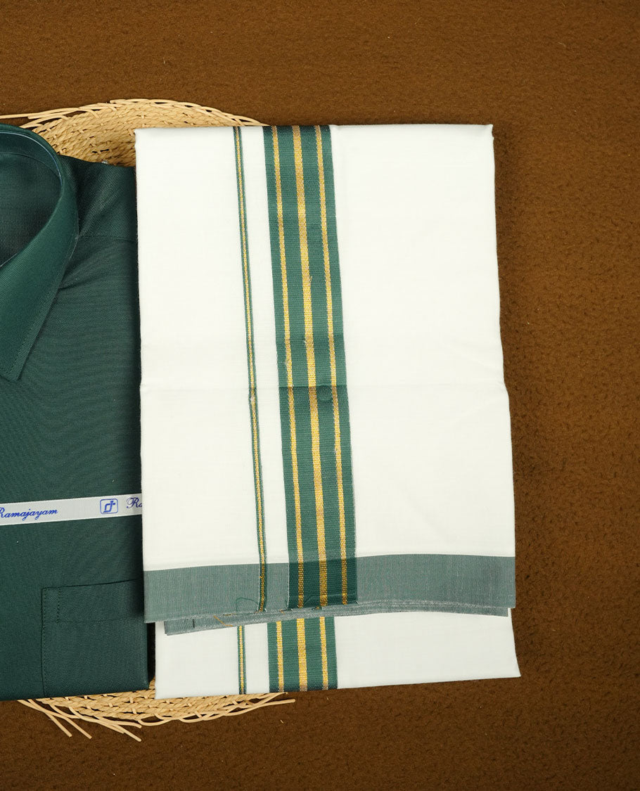 Dark green Colour shirt paired with a matching dhoti, finished with a dark green and gold border.