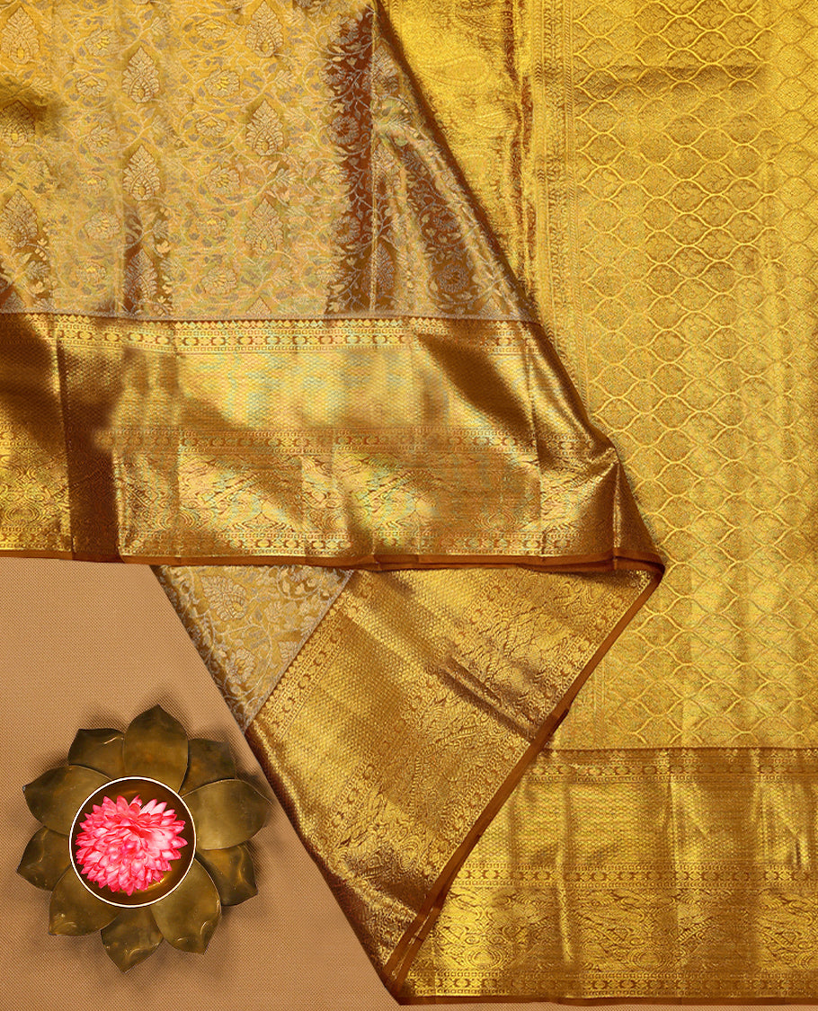 Golden Colour Pure Tissue Wedding Saree having Zari Jaal Body with Wood Brown Brocade Border and Blouse