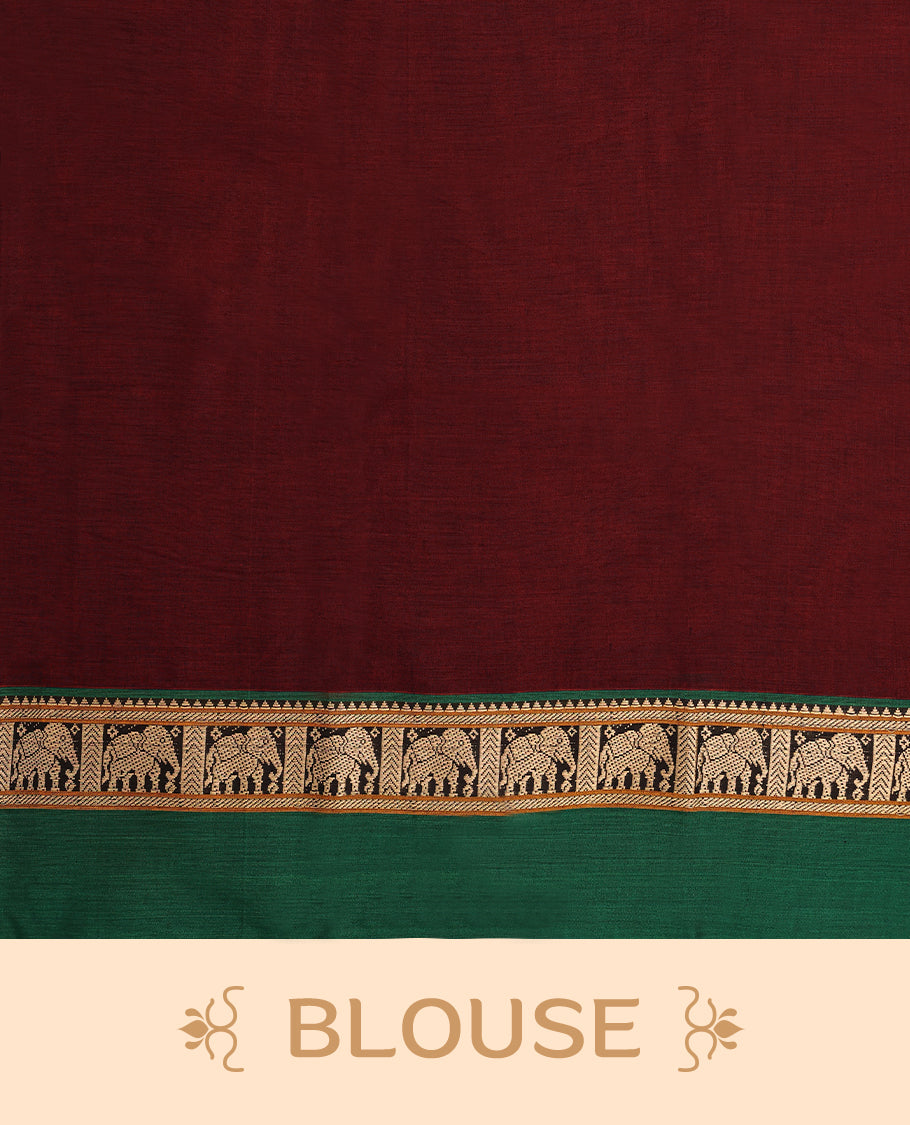Maroon Colour Mixed Chettinad Cotton Saree having Plain Body with Contrast Border and Self Coloured Blouse