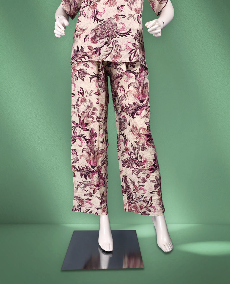 Beige and maroon colour floral printed nightwear featuring a round neckline, short sleeves with gathered detailing, and straight-cut pants for a comfortable and chic everyday style.