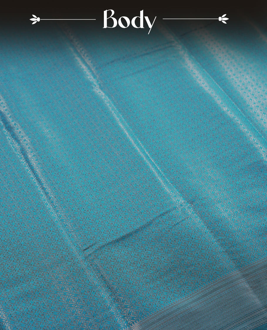 Aqua blue colour semi silk saree featuring neem zari Brocade Pattern all over the body, complemented by a Self Colour woven border with detailing, Pallu & blouse.