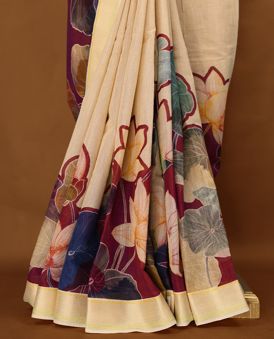 Beige and maroon Colour lightweight khadi cotton saree with earthy-coloured digital floral prints on the Body and pallu, paired with a matching blouse.