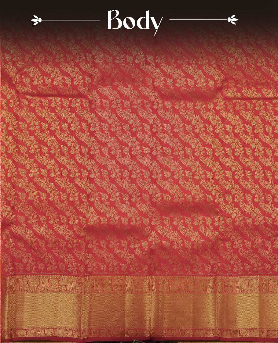 Maroon colour Kanchipuram pattern Manthrakodi saree featuring traditional golden zari cross kodi jacquard pattern all over, traditional peacock motifs on border and self zari jacquard blouse piece.