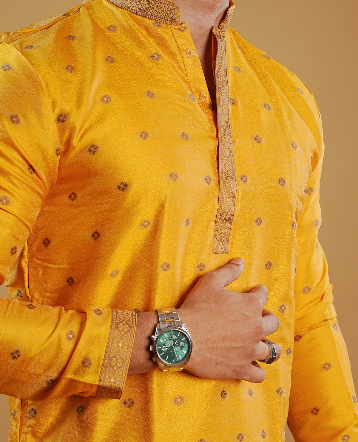 Mustard Yellow colour men's kurta featuring elegant gold zari Motifs on the body, complemented by full sleeves for a refined and festive look.
