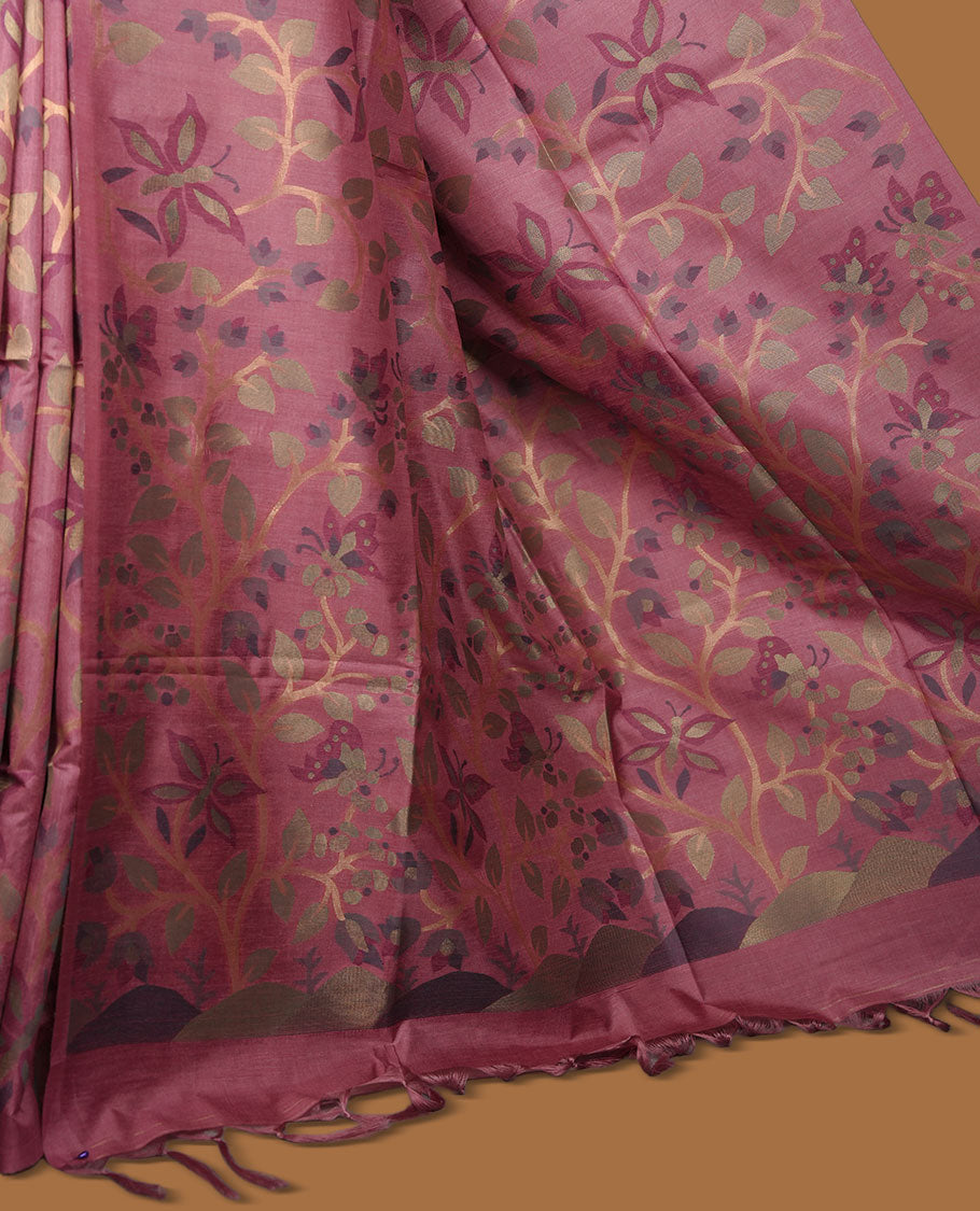 Pink colour semi jamdani tussar saree featuring woven Floral kodi & butterfly motifs on the body, complemented by a self colour without border pallu, paired with a matching blouse.