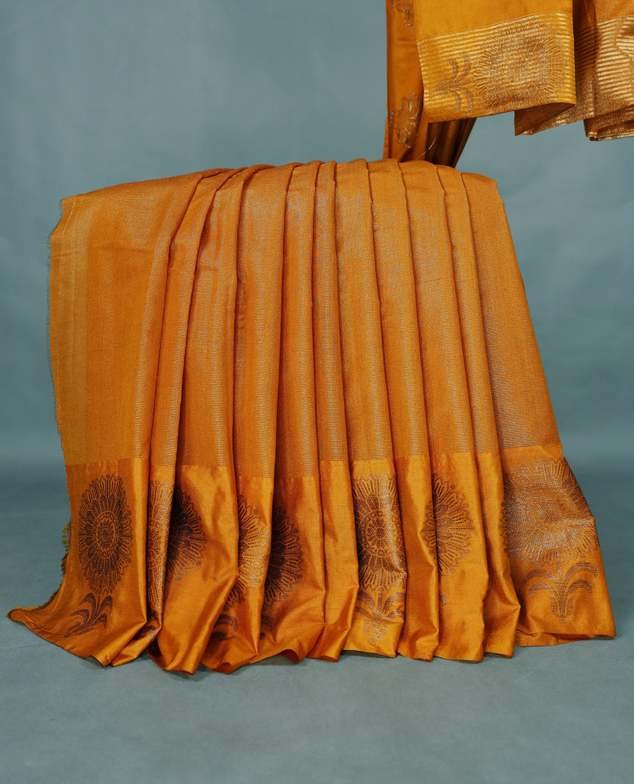 Mustard Colour Semi Tussar Saree showcases intricate Golden zari work on the body and border, paired with a matching blouse