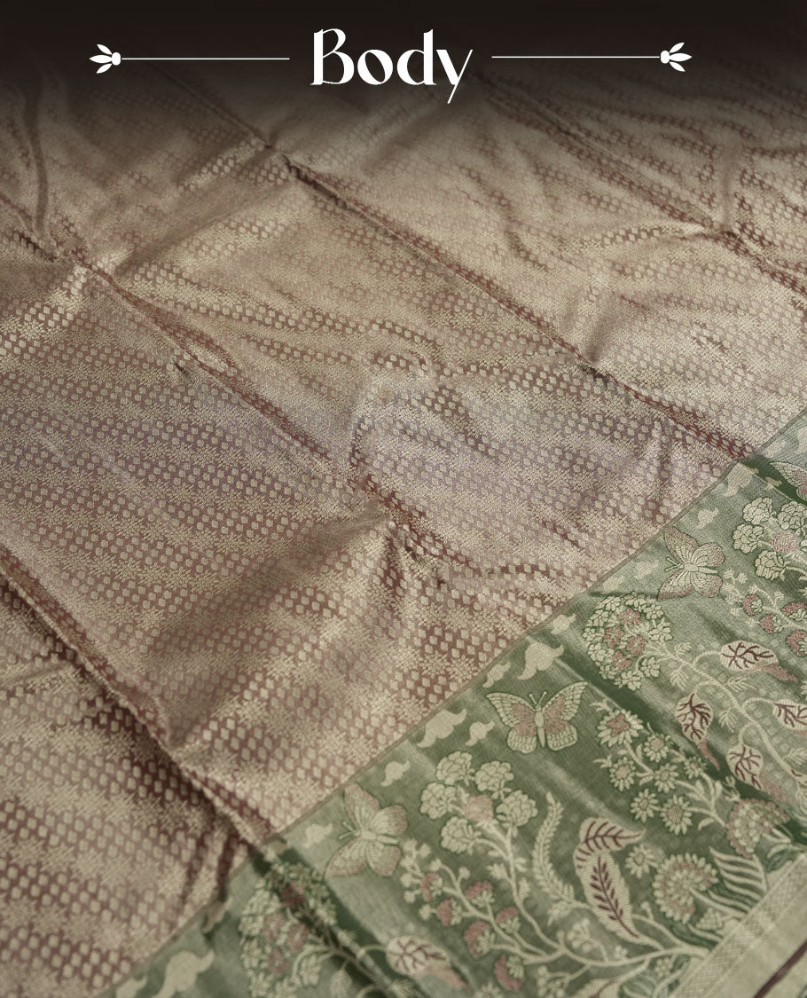 brick red colour and Antique gold Zari Tissue Brocade Saree features intricate Motifs on body and a dark green colour with fancy border & pallu with floral patterns, paired with matching blouse