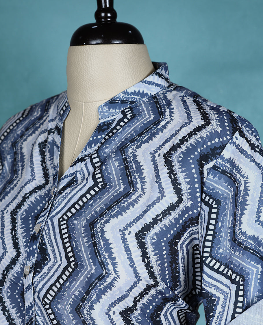 Blue Colour Zigzag Printed Mandarin Collar Short Sleeve Top for Women.