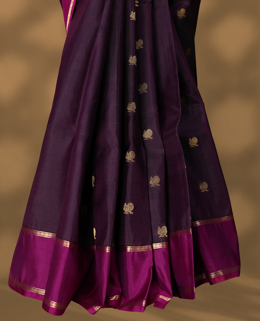 Dark Grape Colour Vasundhara Silk Saree having Peacock Buttas in Body with Contrast Colour Border and Blouse