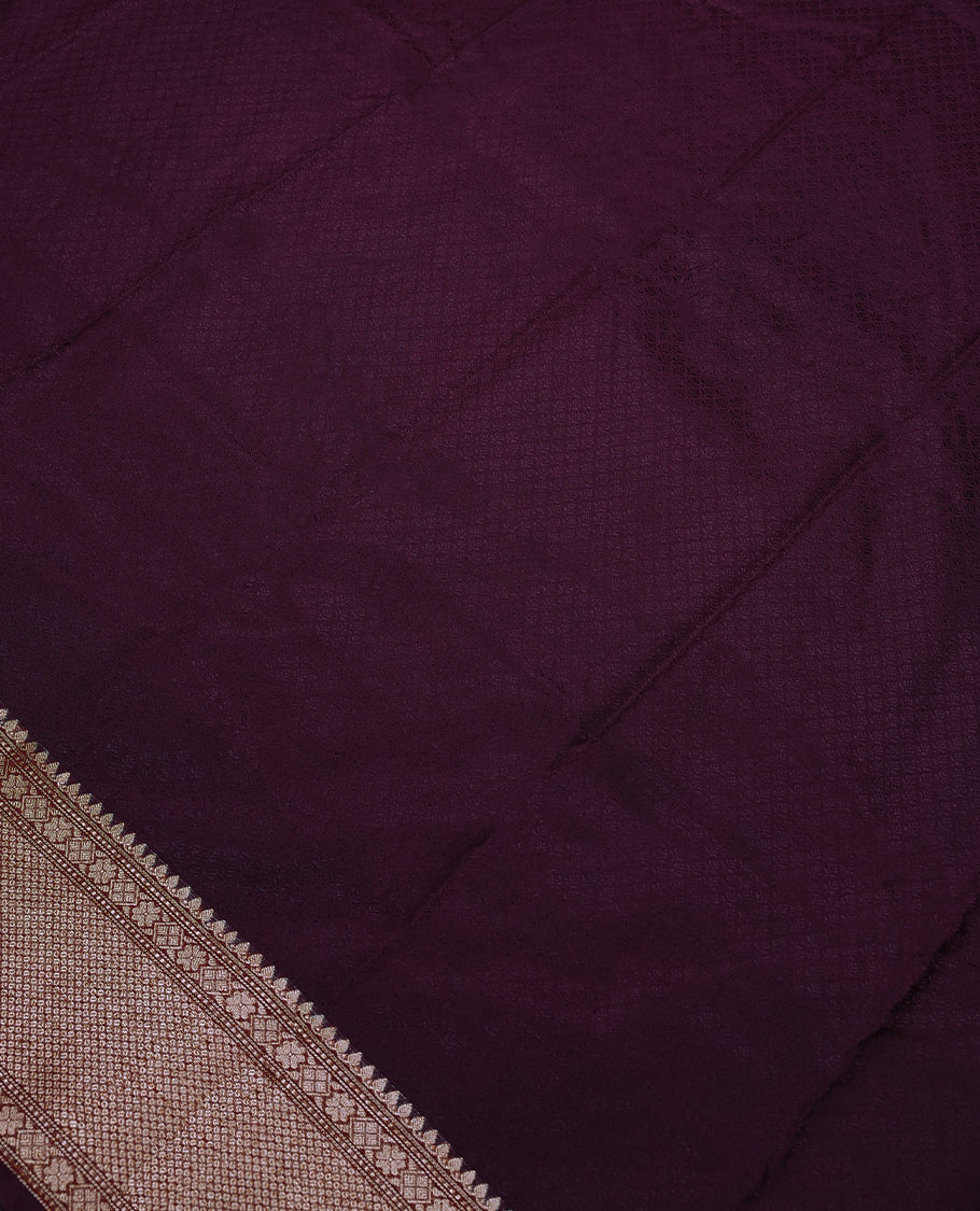 Dark Grape Colour Semi Banaras Georgette Saree having Zari Work in Entire Body with Golden Border and Blouse