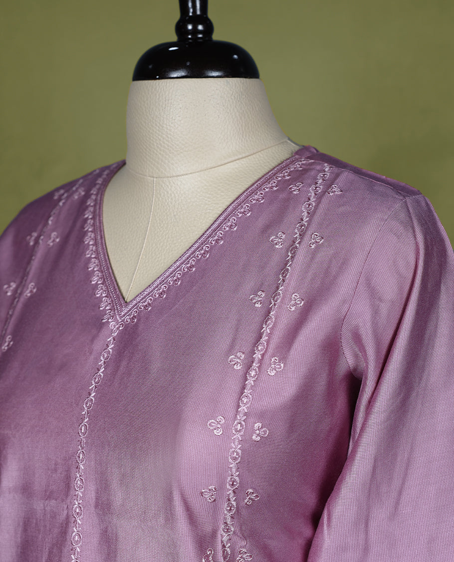 Onion pink Colour V neck Readymade kurti with embroidery work for women, featuring 3/4 sleeves.