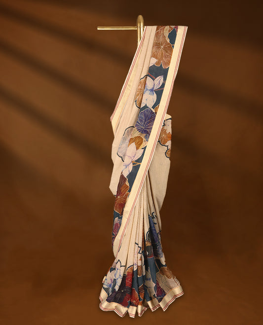 Beige and Aegean Blue Colour lightweight khadi cotton saree with earthy-coloured digital floral prints on the Body and pallu, paired with a matching blouse.