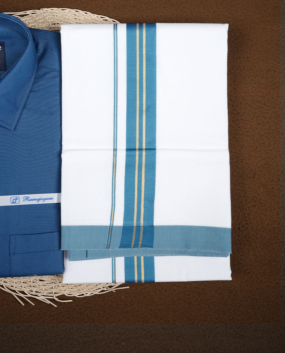 Dark Blue Colour shirt paired with a matching dhoti, finished with a teal blue and gold border.