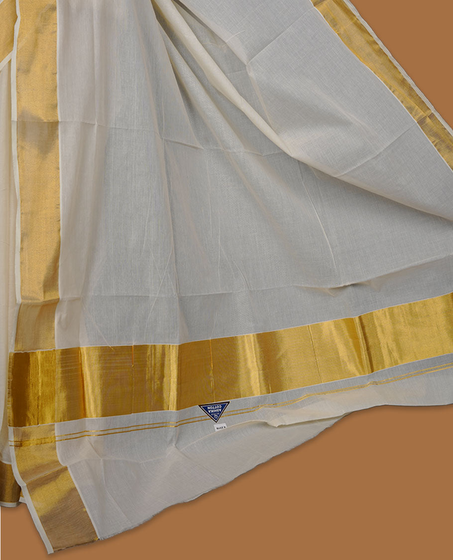 Off-white colour cotton Kerala saree crafted in a soft, sheer weave, finished with a classic rich gold kasavu border along the body and pallu, and paired with a matching blouse.