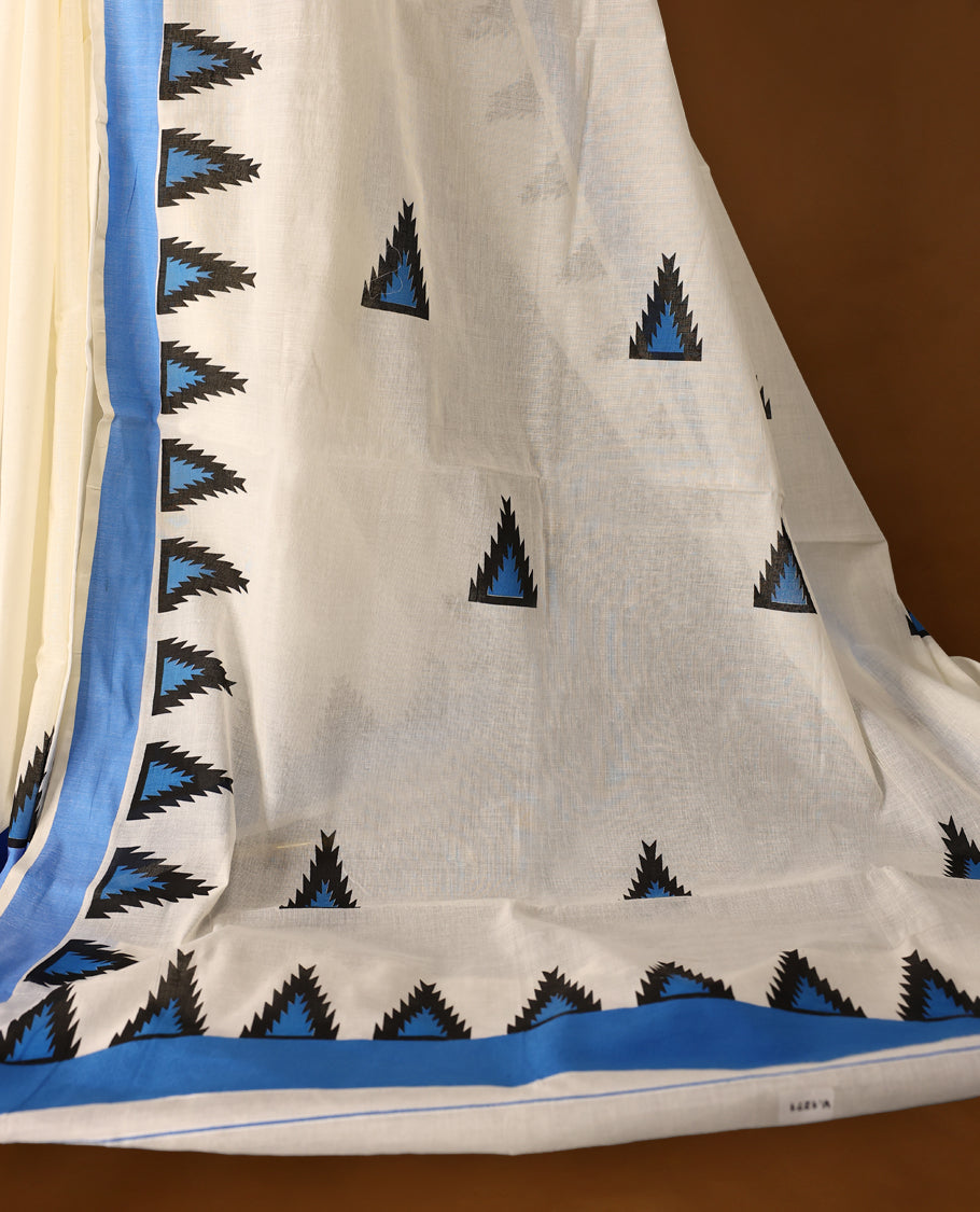 Elegant off white colour cotton Kerala saree featuring Plain body, Deep Blue colour border with colour temple designs, Paired with matching blouse offering a classic and graceful look